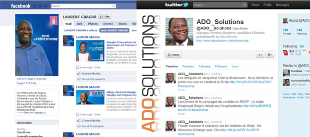 Gbagbo and ADO on Twitter and Facebook